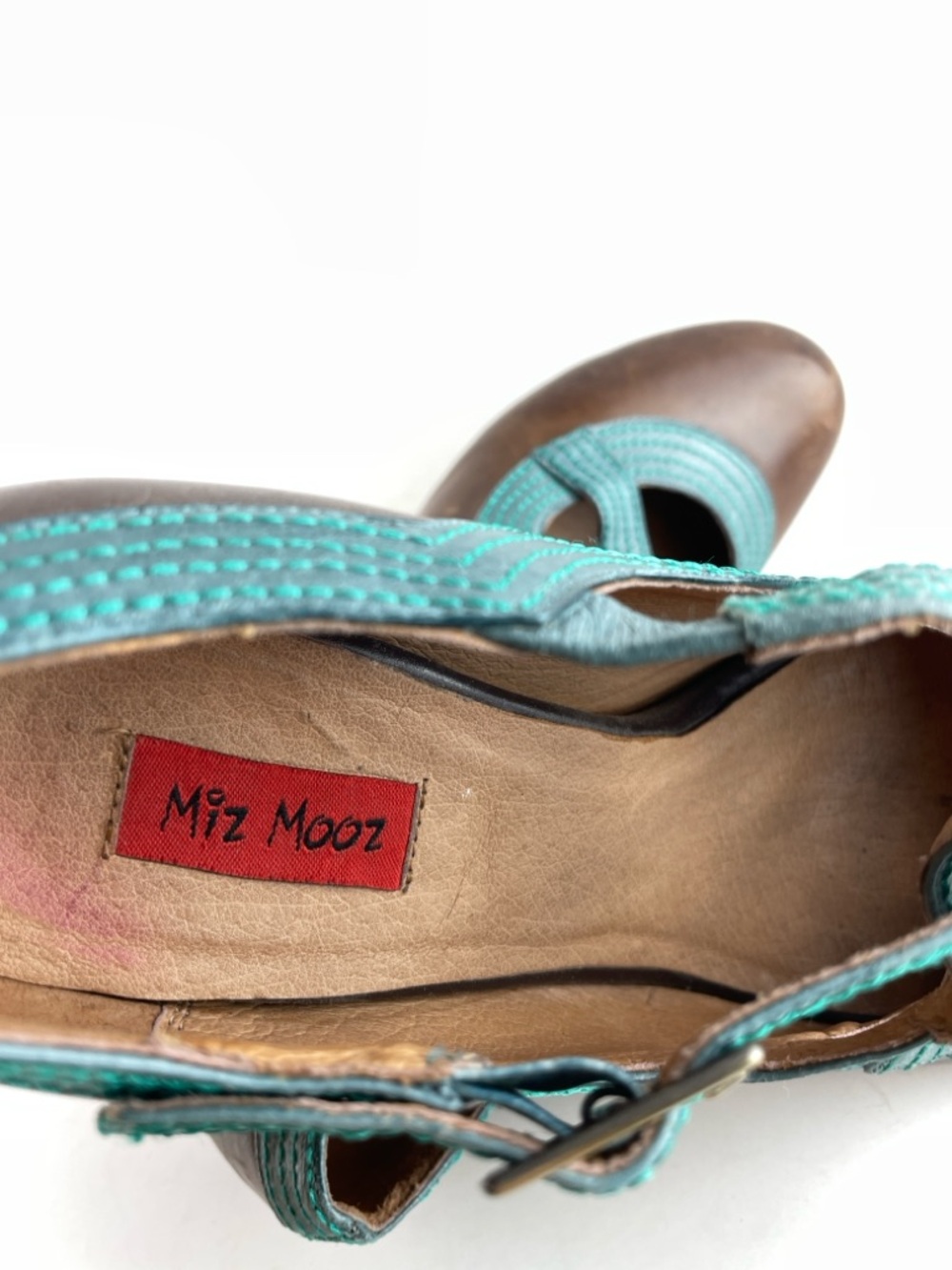 Miz Mooz Leather Mary Jane Heels Size 9 Brown Teal Retro Cutout Pumps - Picture 9 of 9